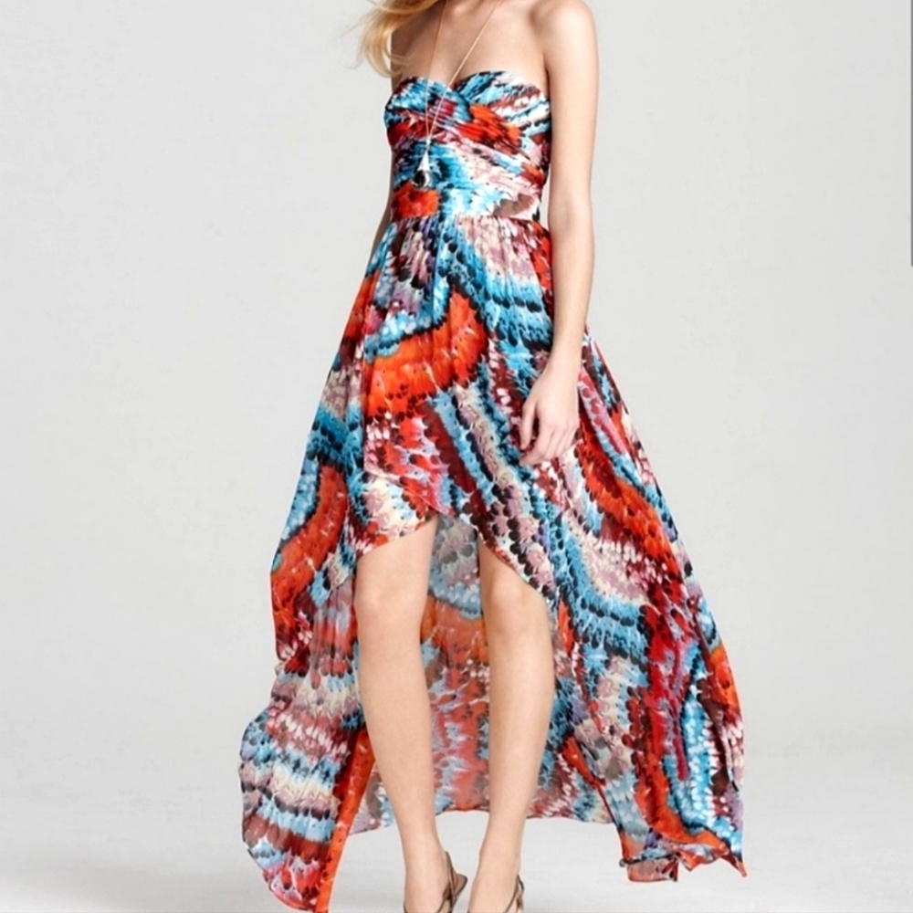 Nwot Aidan Mattox Strapless Multicolor Ruched Bodice Highlow Chiffon Eve…